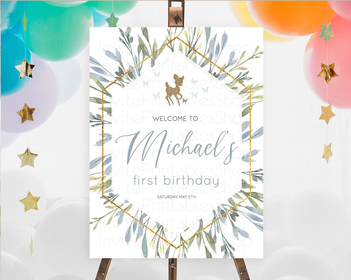 Fawn Welcome Sign Deer Welcome Board Floral Deer Welcome Poster Enchanted Forest Butterfly Pastel Floral First Birthday Welcome Sign D10534