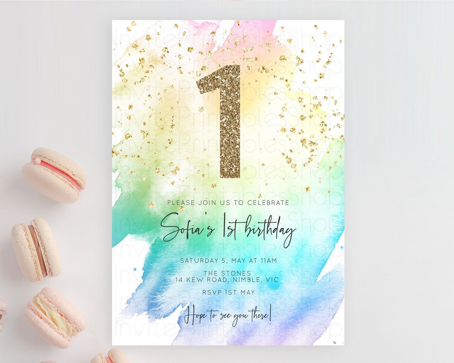 Rainbow Birthday Invitation Colorful Pastel Watercolor Invitation Gold Glitter Sprinkles Ombre Pastel 1st 2nd 3rd Birthday D10256