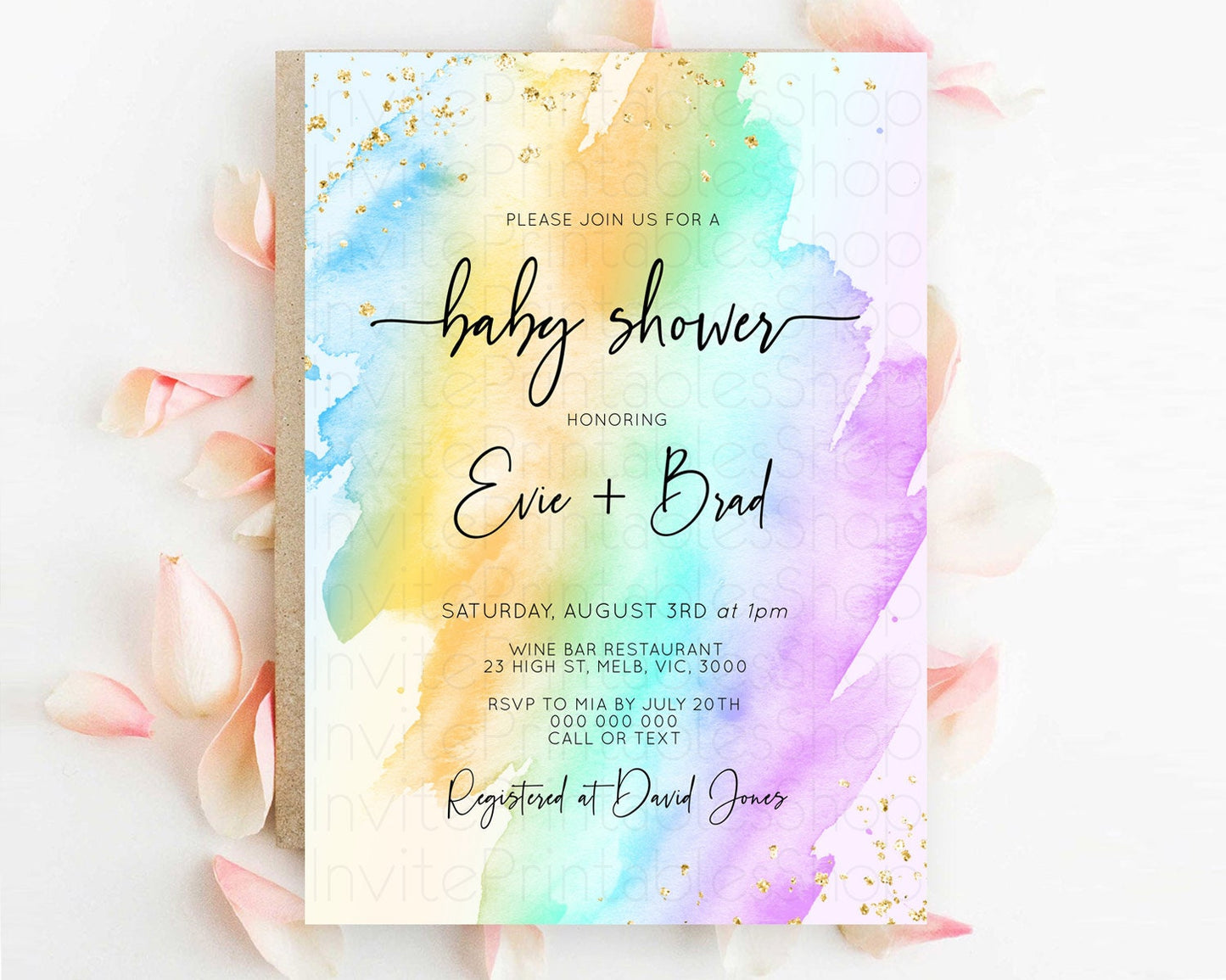 Pastel Baby Shower Invitation Rainbow Baby Shower Invitation Colorful Pastel Watercolor Invitation Gold Glitter Sprinkles Ombre D10425