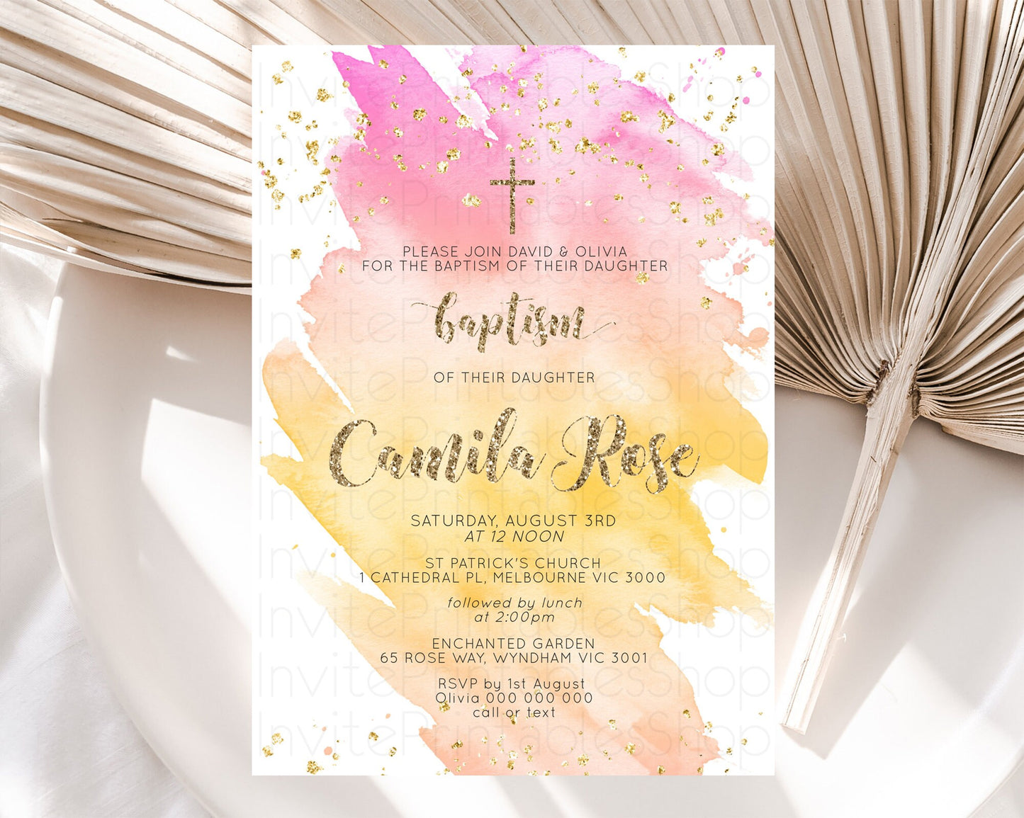 Pastel Baptism Invitation Pastel Colors Watercolor Baptism 1st Birthday Party Gold Ombre Pastel Rainbow Christening Holy Communion D10526