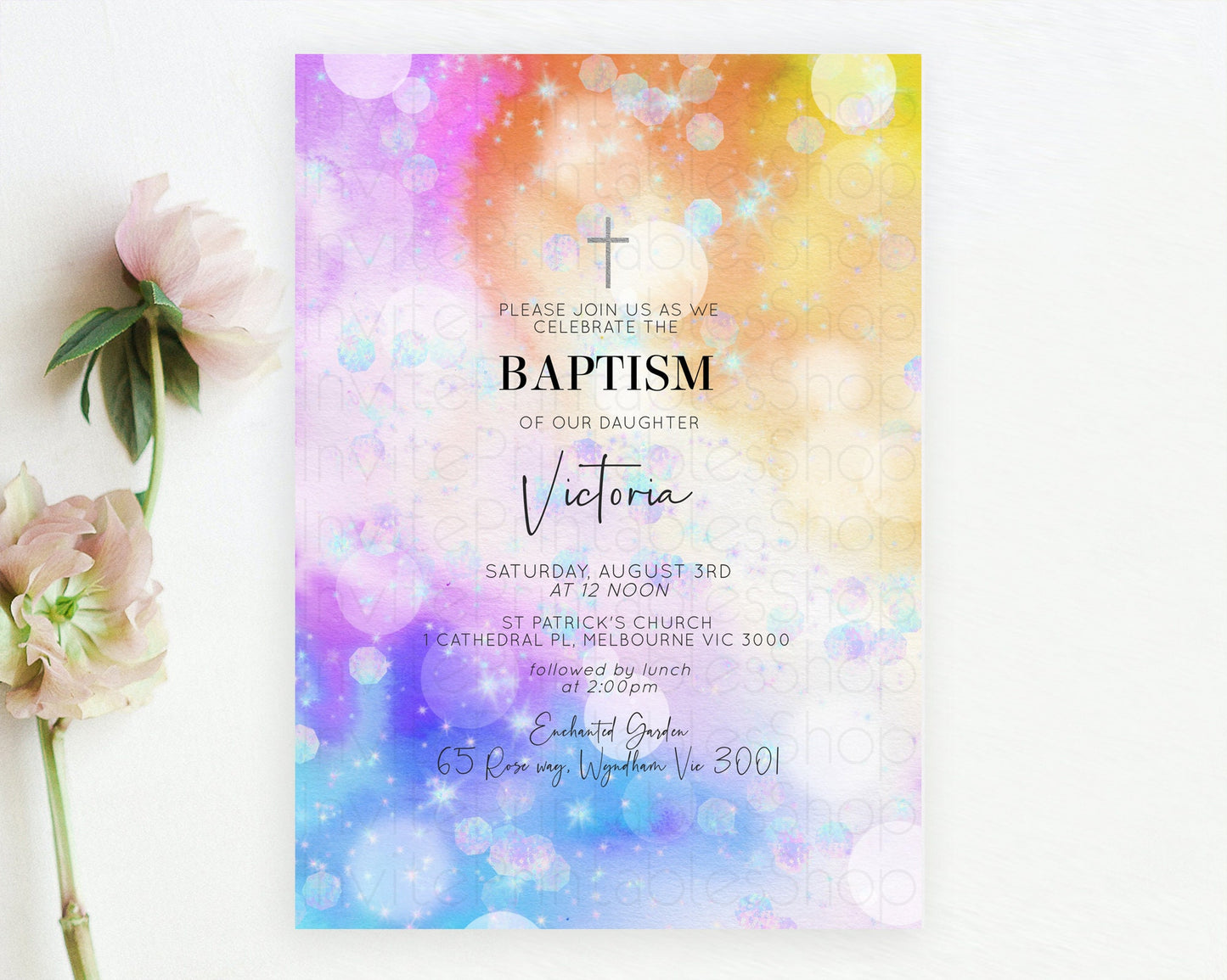 Rainbow Baptism Invitation Colorful Pastel Watercolor Baptism 1st Birthday Invitation Iridescent Glitter Sprinkles Ombre Christening D10690