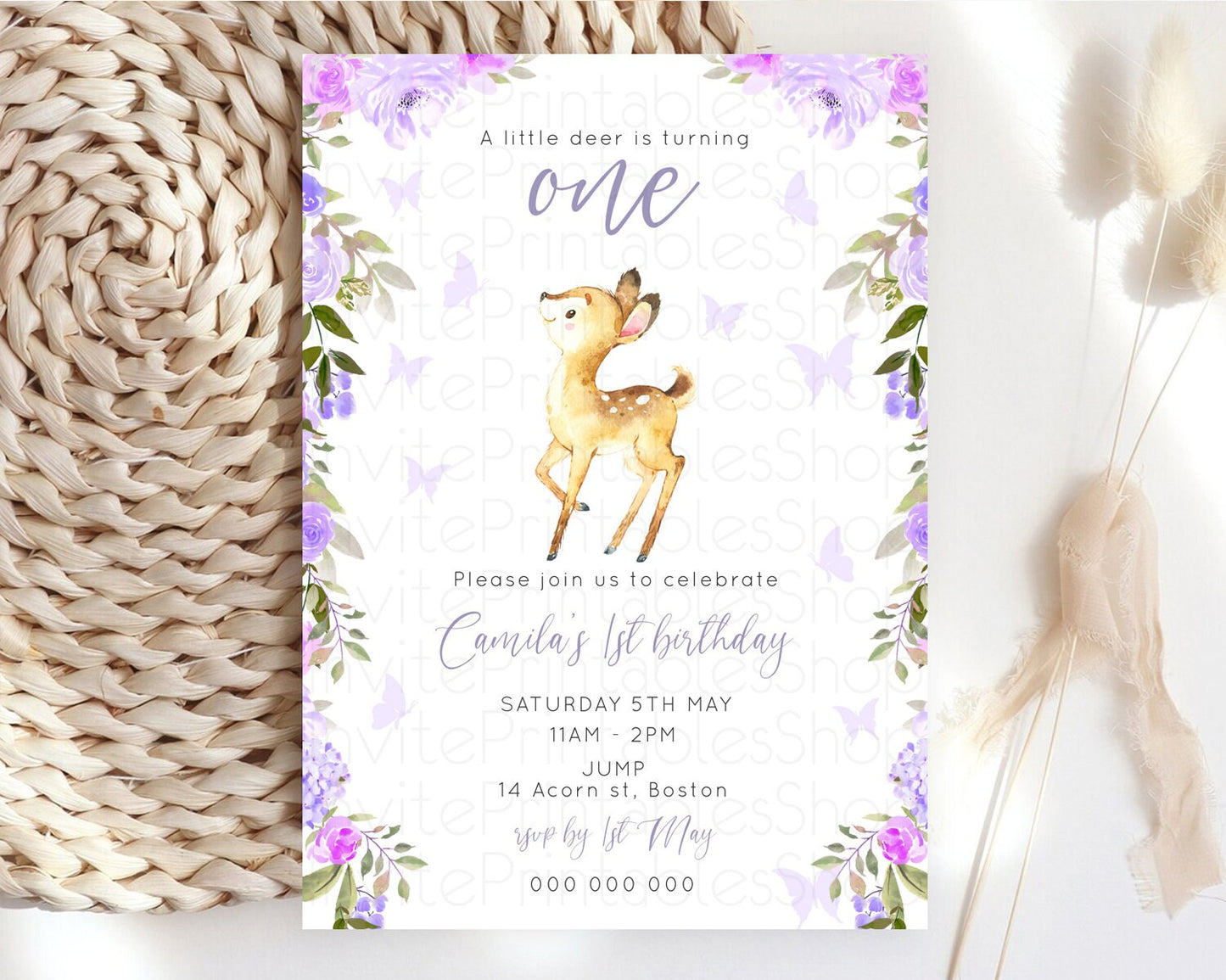 Fawn Birthday Invitation Deer Birthday Invitation Enchanted Forest Party Butterfly Pastel Flowers Whimsical 2nd 1st First Birthday D10916