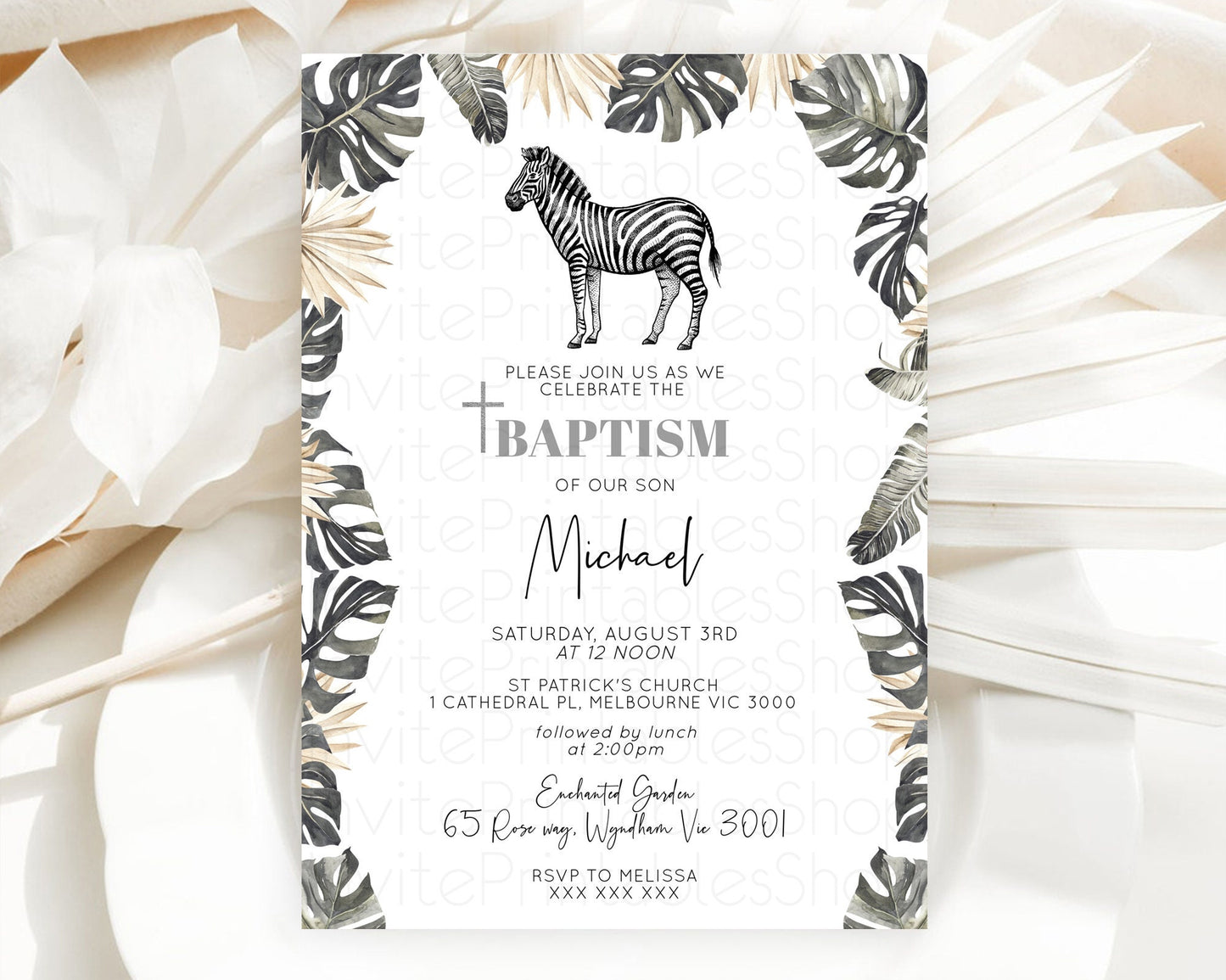 Zebra Baptism Invitation Zebra Baptism 1st Birthday Invitation Jungle Safari Christening Invite Watercolor Tropical Zoo Adventure D10824