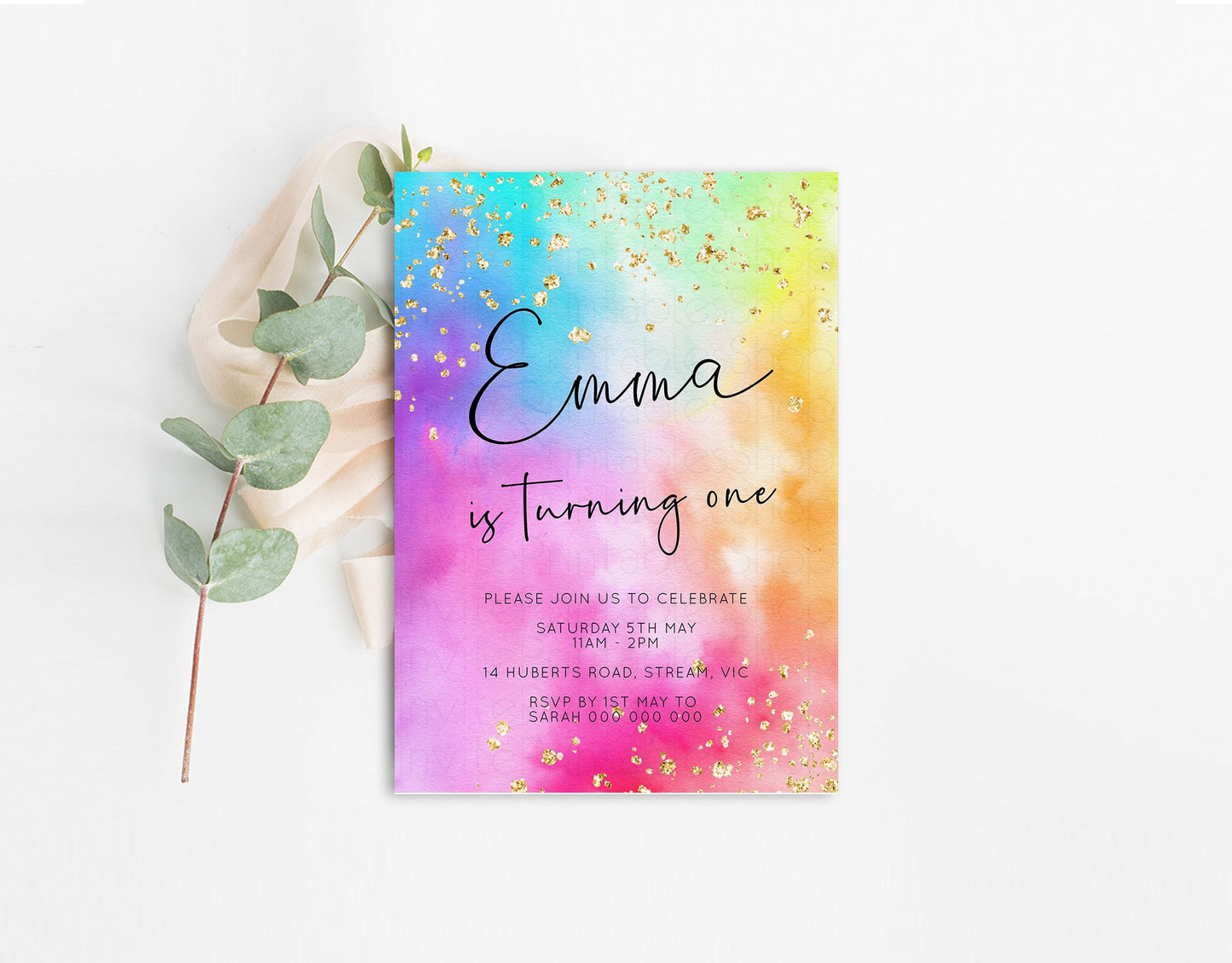 Rainbow Birthday Invitation Ombre Pastel Invitation Colorful Watercolor Splash Gold Glitter Sprinkles Tie Dye Printable Digital Invite 509