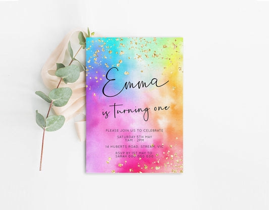 Rainbow Birthday Invitation Ombre Pastel Invitation Colorful Watercolor Splash Gold Glitter Sprinkles Tie Dye Printable Digital Invite 509