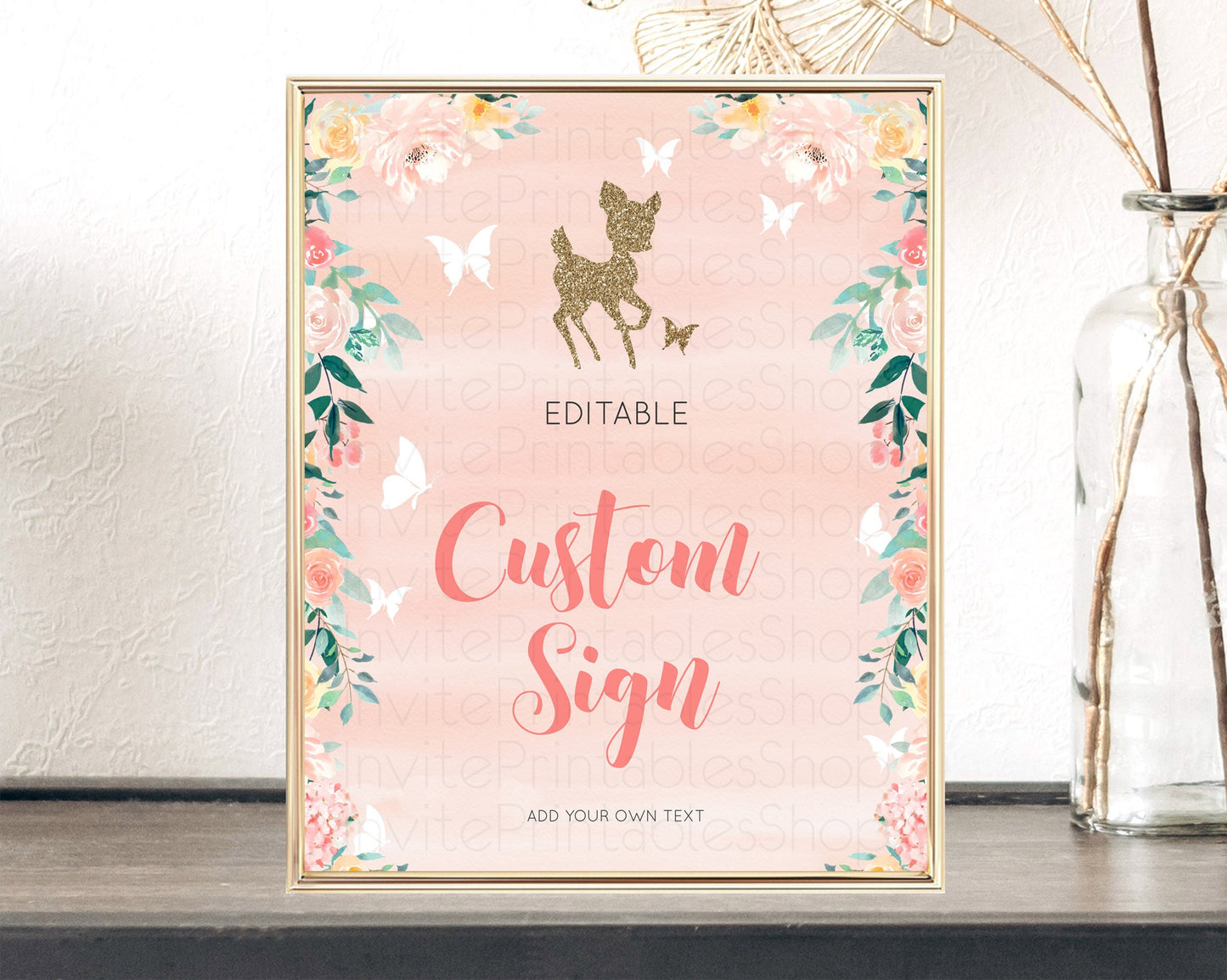 Fawn Deer Sign Pastel Floral Deer Table Sign Decor  Enchanted Forest Butterfly Party 1st Birthday Baptism Baby Shower Bridal Shower D10873