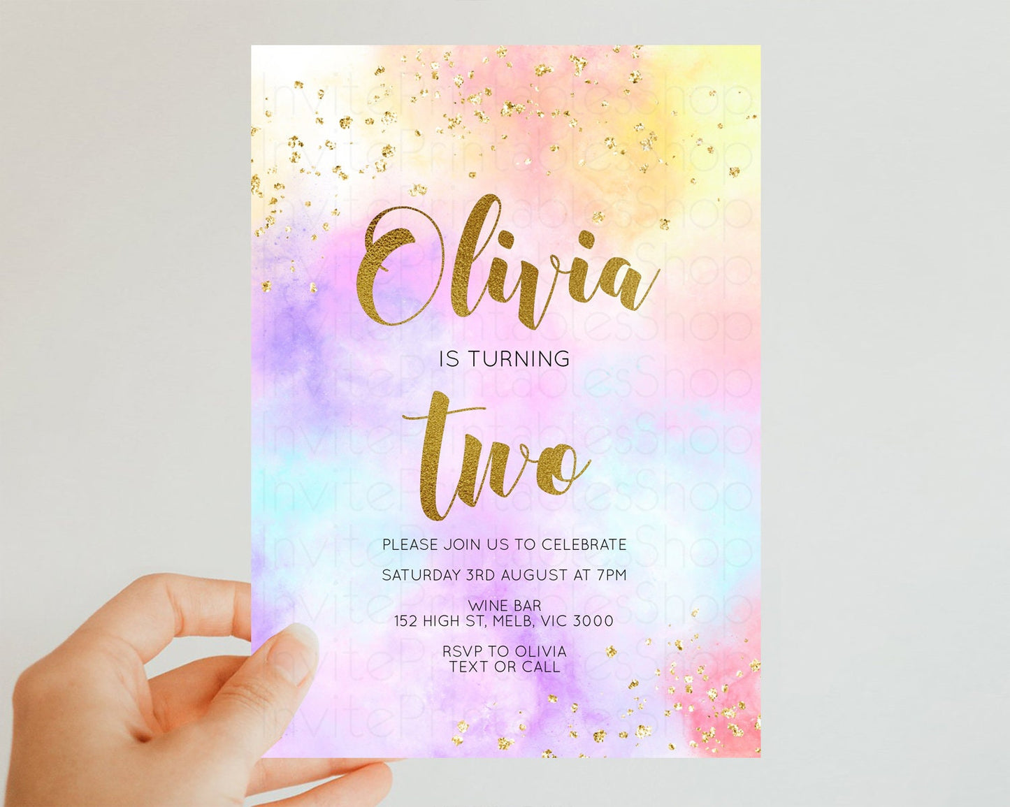 Rainbow Birthday Invitation Ombre Pastel Invitation Colorful Watercolor Splash Invite Gold Glitter Sprinkles Printable Digital Invite 499