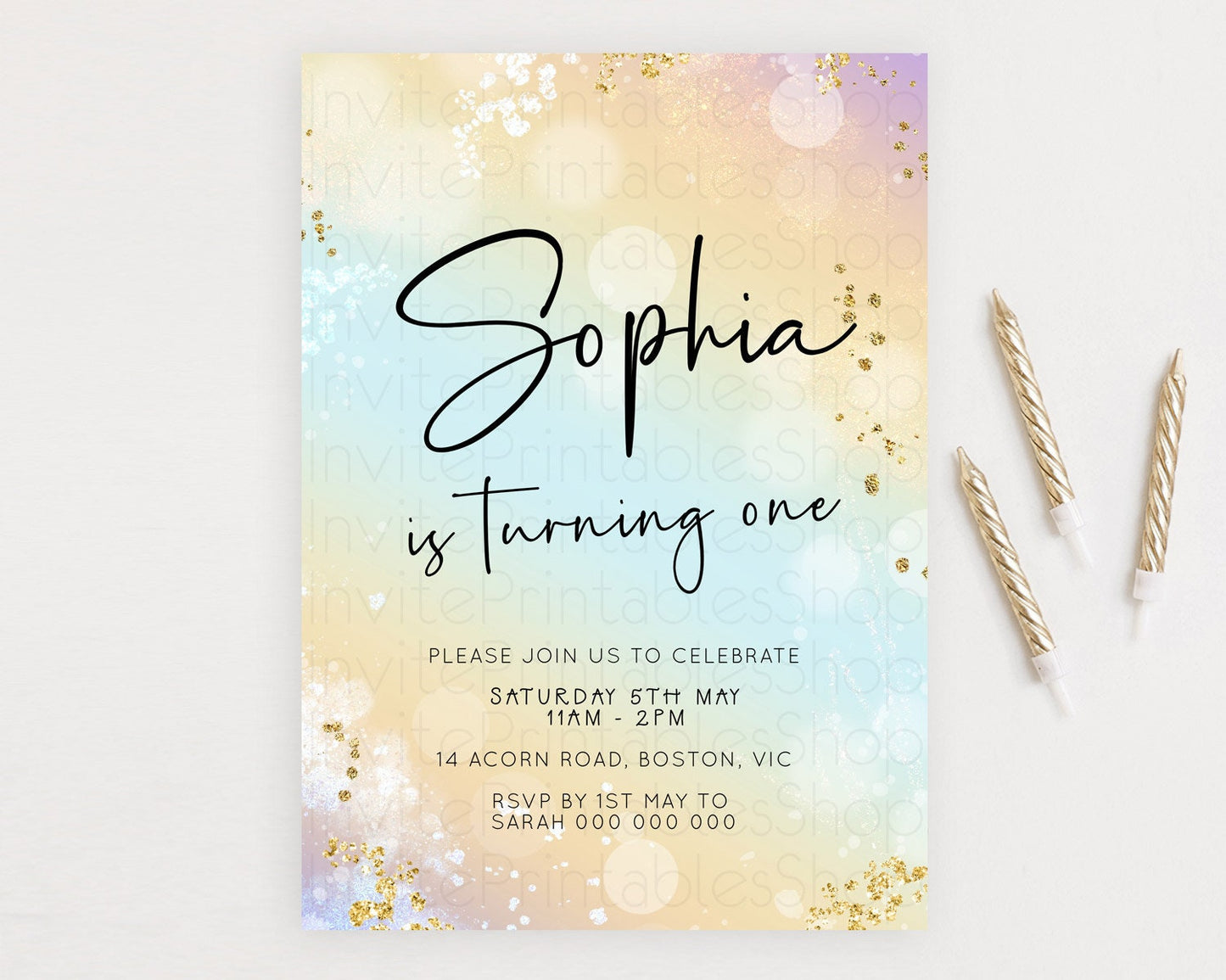 Pastel Birthday Invitation Ombre Watercolor Birthday Invitation Glitter Rainbow Color Splash 1st 2nd 3rd Birthday Invitation D23105