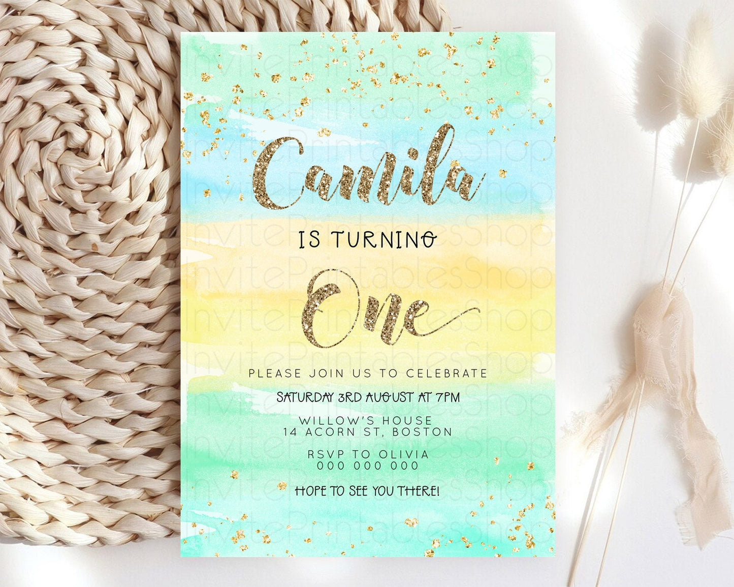 Rainbow Birthday Invitation Colorful Pastel Watercolor Invitation Gold Glitter Sprinkles Ombre Pastel 1st 2nd 3rd Birthday D23269