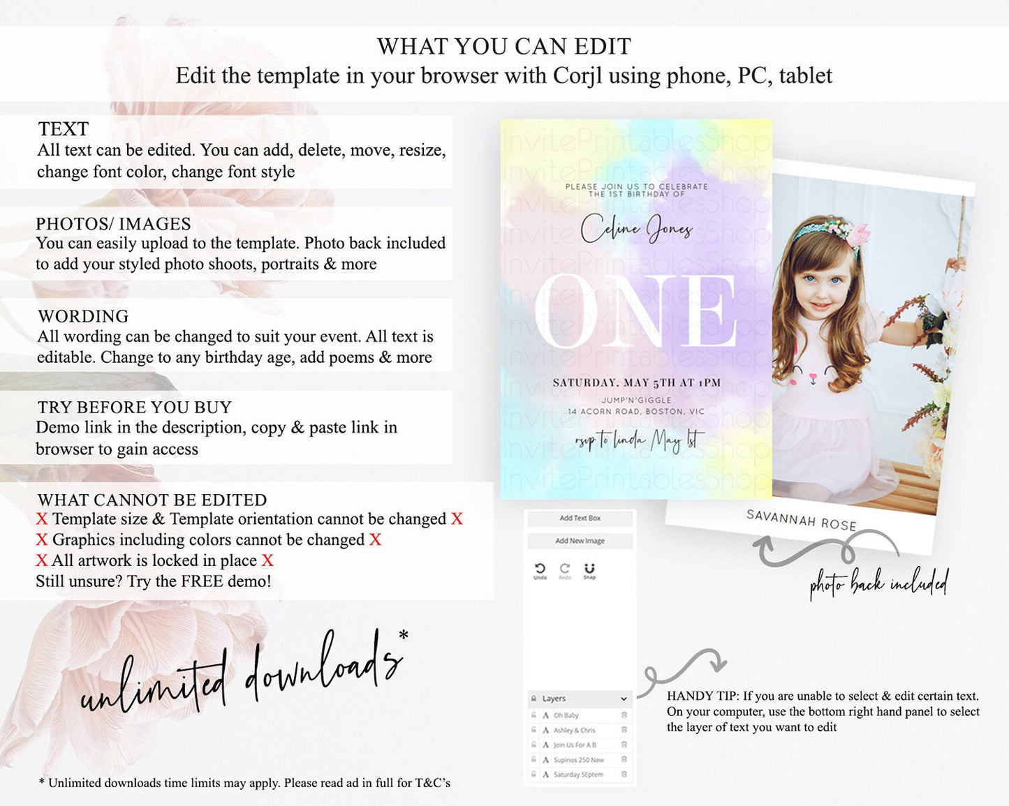 Rainbow Birthday Invitation Colorful Pastel Watercolor Invitation Gold Glitter Sprinkles Ombre Pastel 1st 2nd 3rd Birthday D10617