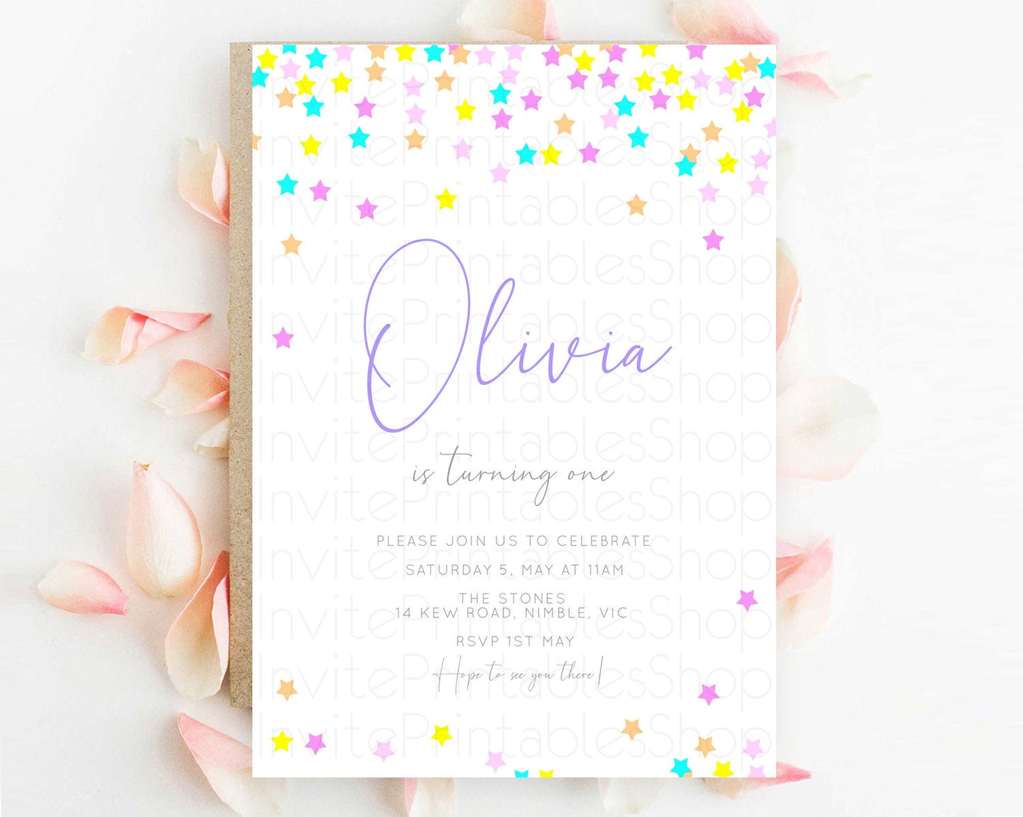 Star Birthday Invitation Pastel Stars Invite Shooting Star Party Rainbow Colorful Confetti Twinkle Little Star 2nd First Birthday D10397