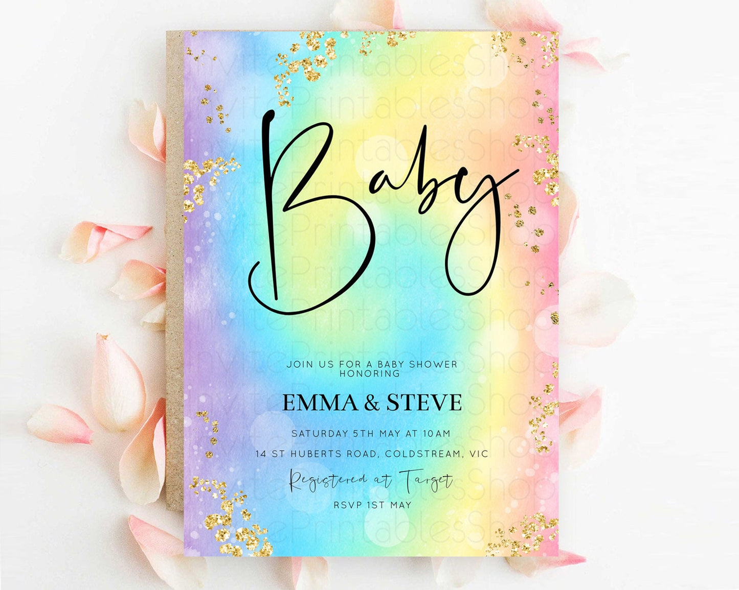 Pastel Baby Shower Invitation Rainbow Baby Shower Invitation Colorful Pastel Watercolor Invitation Gold Glitter Sprinkles Ombre D10568