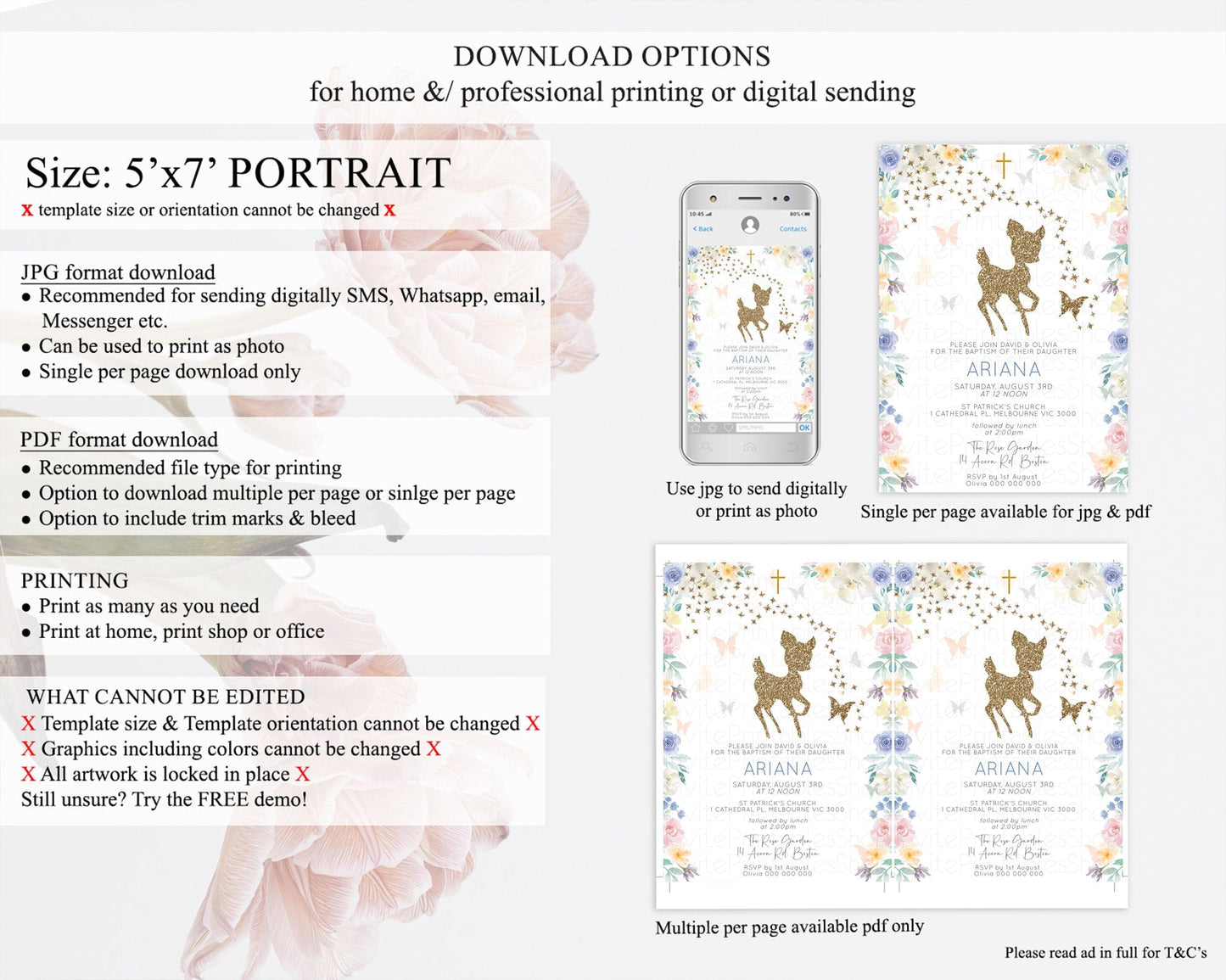 Fawn Baptism Invitation Deer Baptism 1st Birthday Invitation Enchanted Forest Christening Invitation Pastel Garden Butterfly Floral D10878