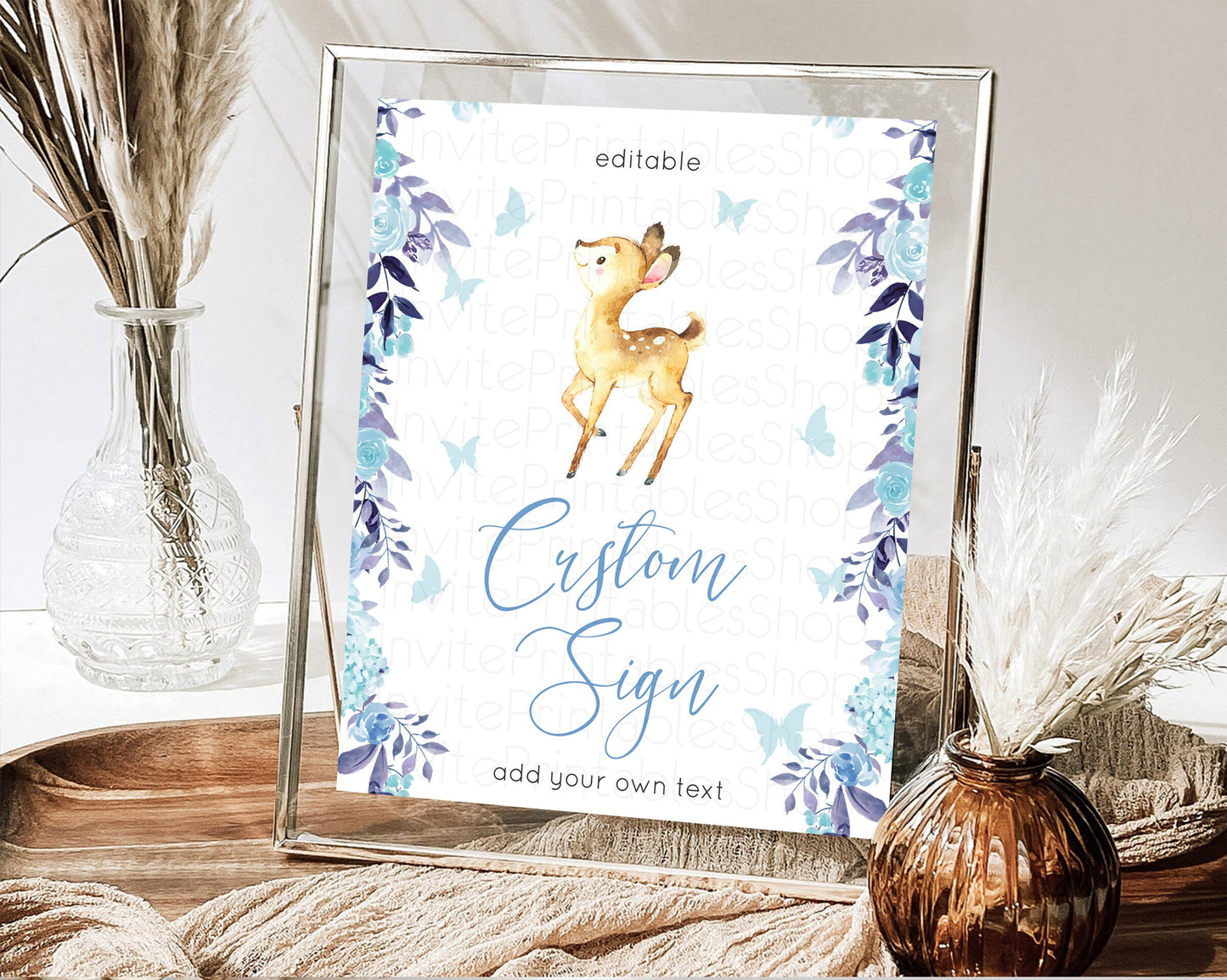 Editable Fawn Deer Sign Pastel Floral Deer Table Sign Decor Enchanted Forest