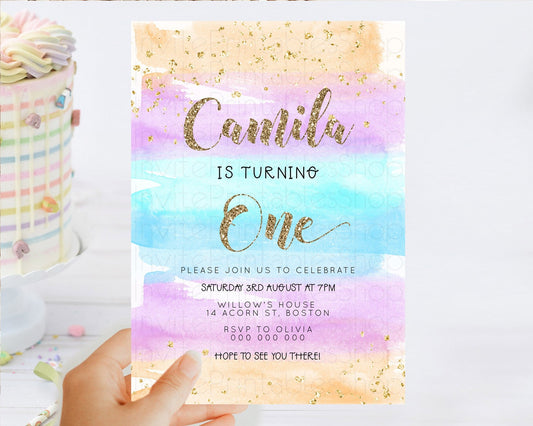Editable Rainbow Birthday Invitation Colorful Pastel Watercolor Invitation G