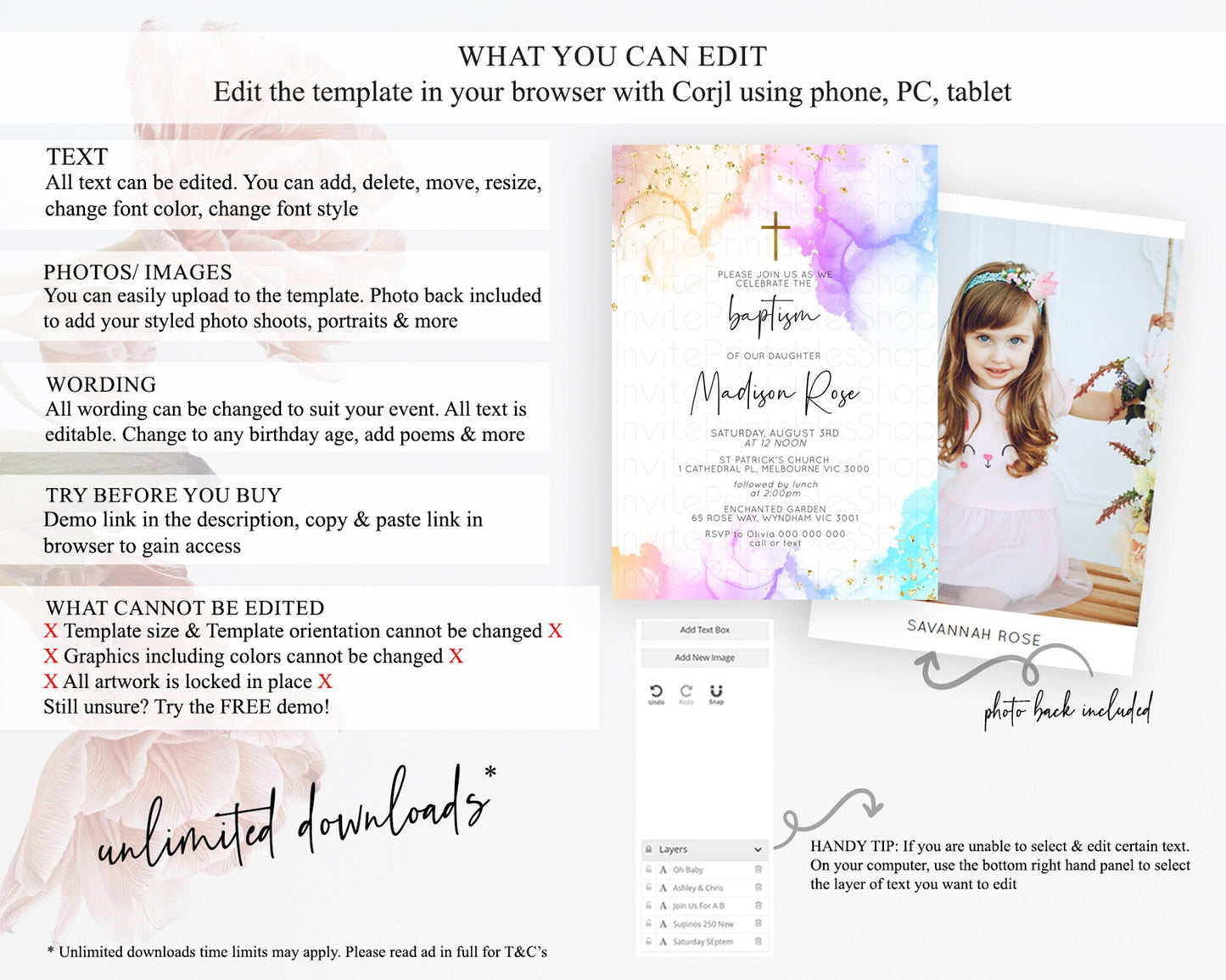 Pastel Baptism Invitation Pastel Colors Watercolor Baptism 1st Birthday Party Gold Ombre Pastel Rainbow Christening Holy Communion D10180