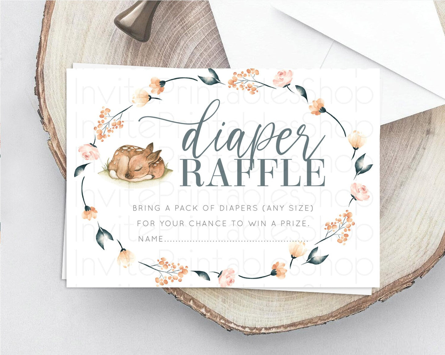 Fawn Diaper Raffle Card Deer Diaper Insert Floral Deer Diaper Ticket Enchanted Forest Butterfly Pastel Baby Shower Raffle Game D10790