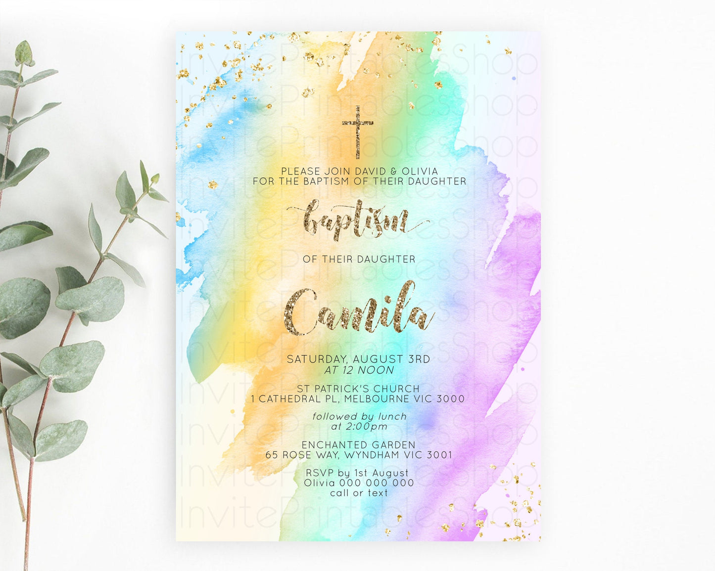 Pastel Baptism Invitation Pastel Colors Watercolor Baptism 1st Birthday Party Gold Ombre Pastel Rainbow Christening Holy Communion D10426