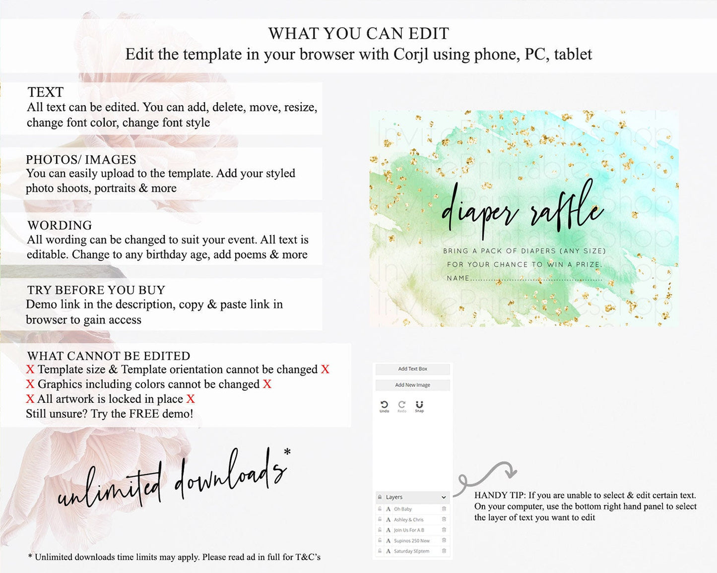 Green Diaper Raffle Card Green Watercolor Diaper Raffle Insert Pastel Green Baby Shower Diaper Ticket Splash Green Raffle Game D10170