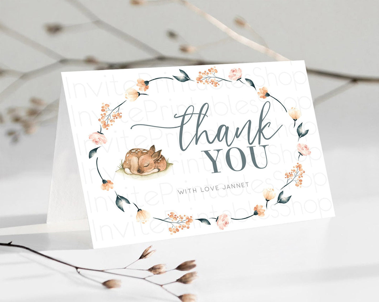 Fawn Thank You Deer Thank You Card Pastel Floral Deer Birthday Thank You Card Enchanted Forest Butterfly Deer Teacher Thank You Card D10790