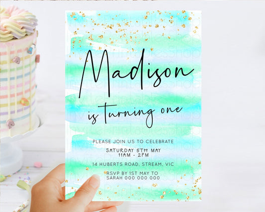 Blue Birthday Invitation Blue Watercolor Invitation Pastel Blue Watercolor Invitation Blue Splash Gold Invitation 1st First Birthday D23036