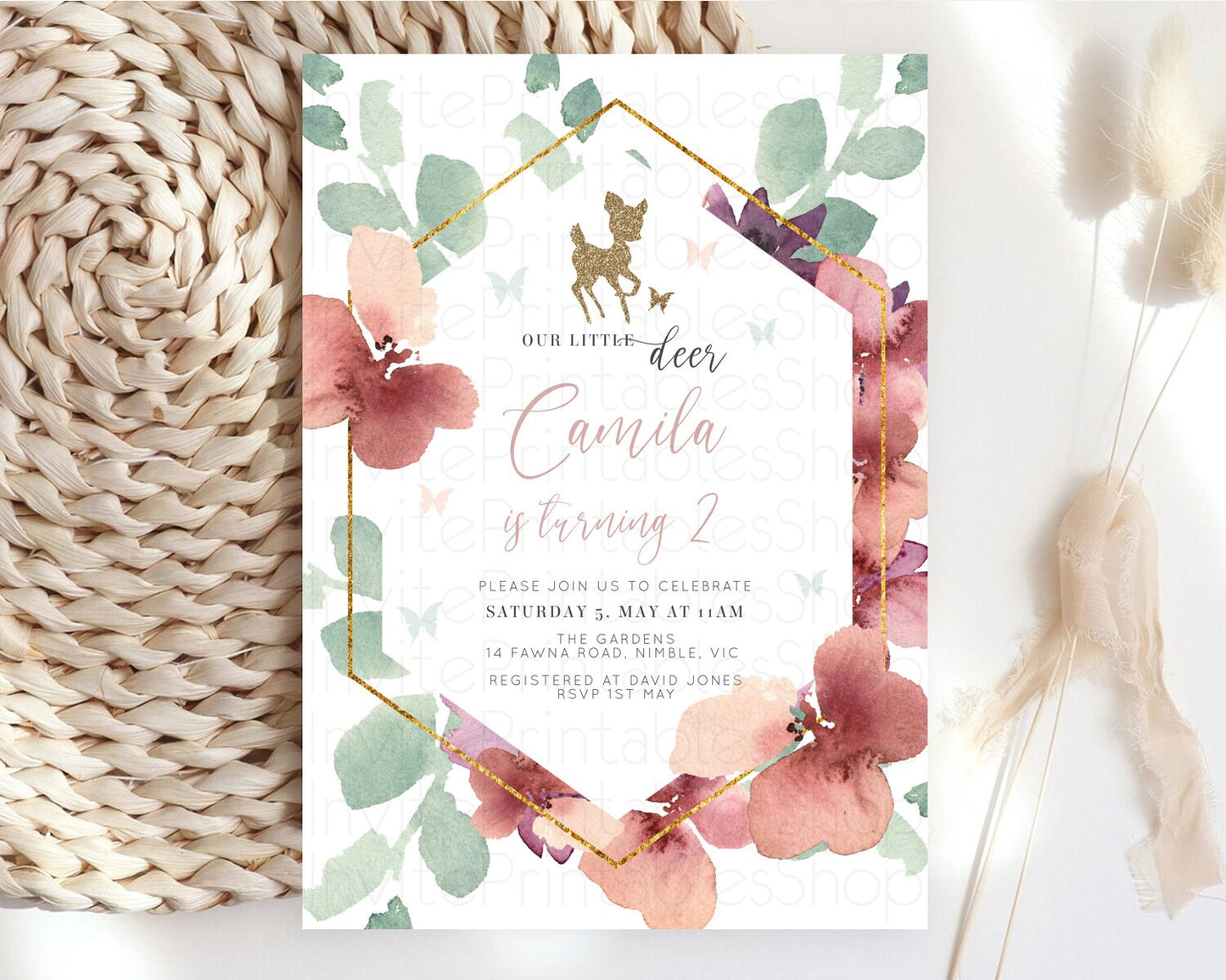 Fawn Birthday Invitation Deer Birthday Invitation Enchanted Forest Party Butterfly Pastel Flowers Whimsical 2nd 1st First Birthday D10459