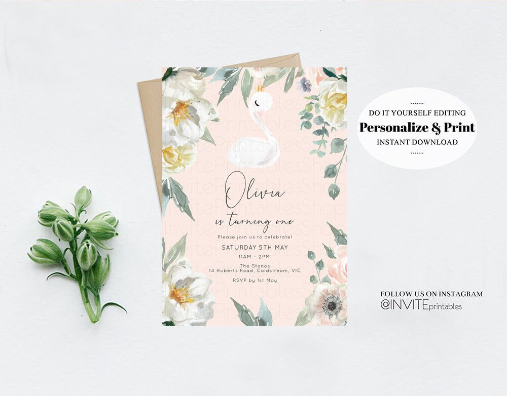 Swan Princess Birthday Invitation Swan Crown Princess Magical Enchanted Woodland Floral Secret Garden White Flowers  Custom Printable Invite