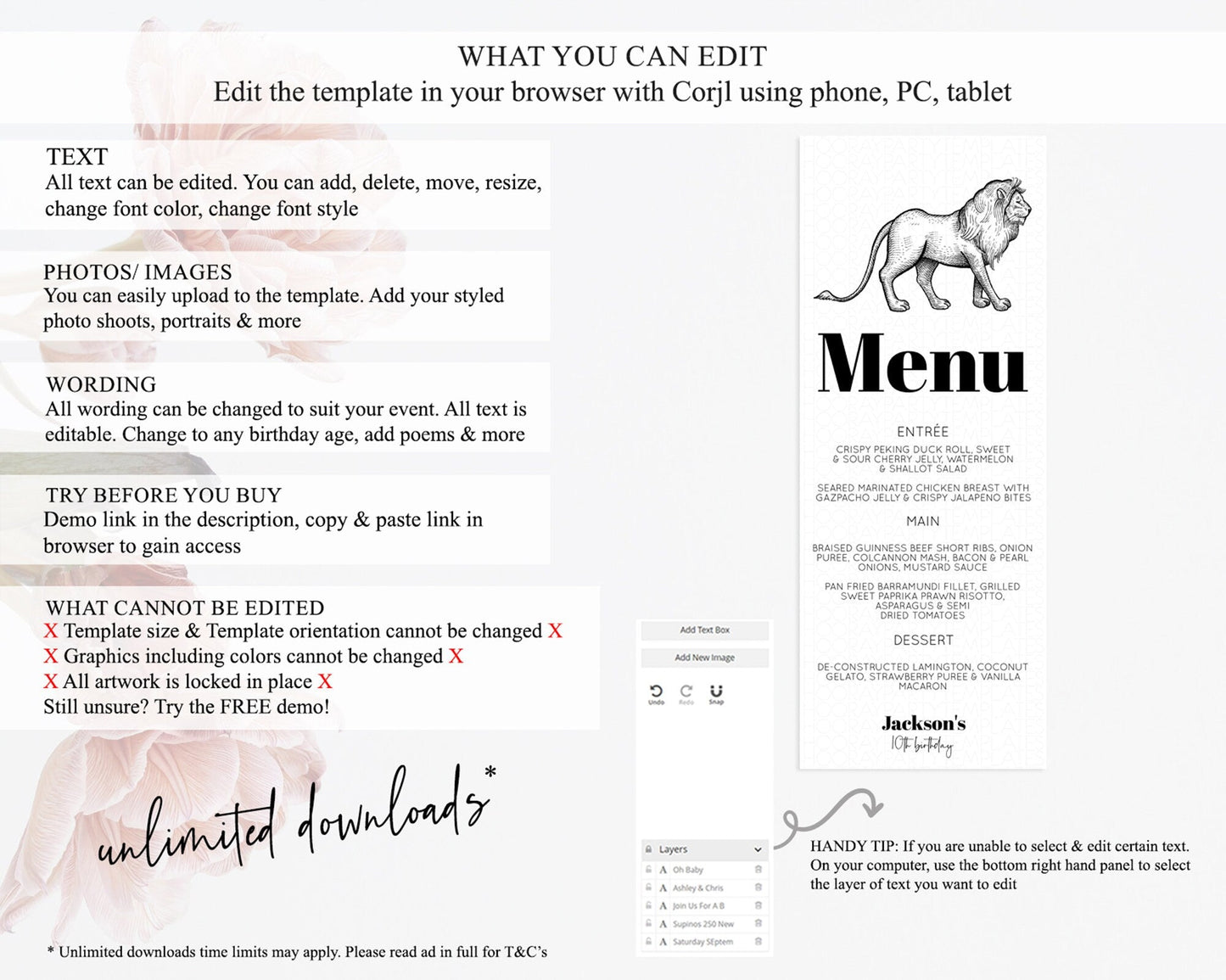 Lion Menu Lion Menu Template Lion Party Table Decor Safari Adventure Lion Menu Dried Palm Fern Lion Dinner Dessert Party Food Menu D10246
