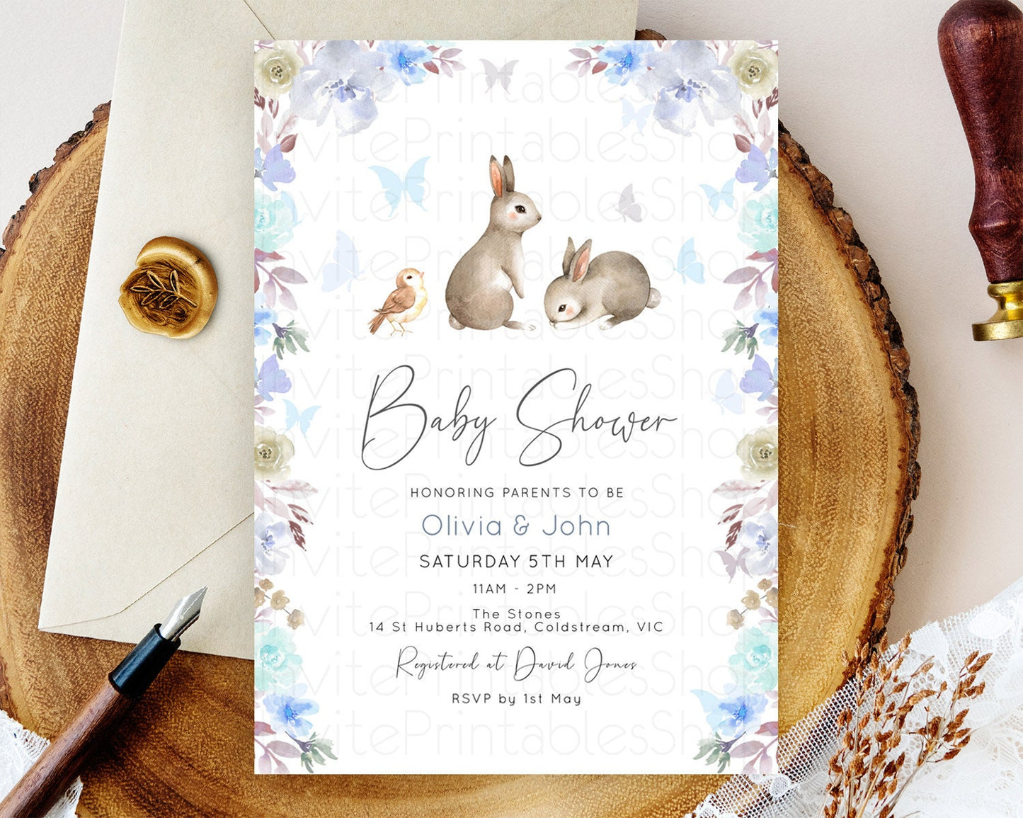 Bunny Baby Shower Invitation: Enchanted Forest, Secret Garden, Pastel Blue Floral, White, Grey, Rabbit, Butterfly, Woodland Theme D10927