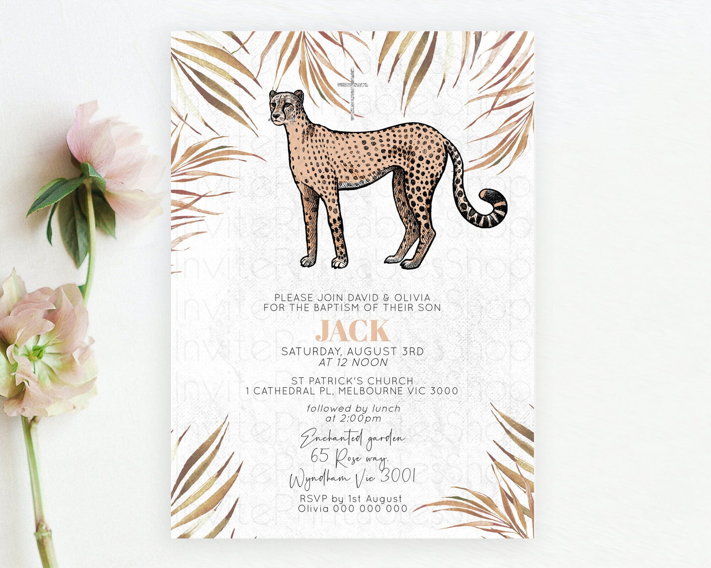 Cheetah Baptism Invitation Cheetah Baptism 1st Birthday Invitation Cheetah Safari Adventure Christening Party Palm Leaf Zoo Cheetah D10291