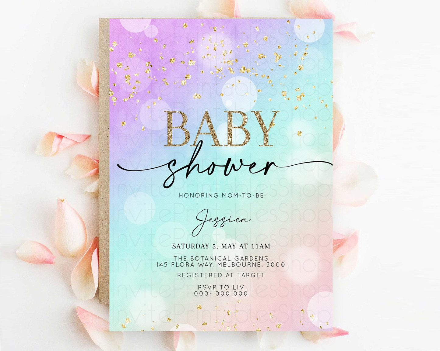 Pastel Baby Shower Invitation Rainbow Baby Shower Invitation Colorful Pastel Watercolor Invitation Gold Glitter Sprinkles Ombre D10618