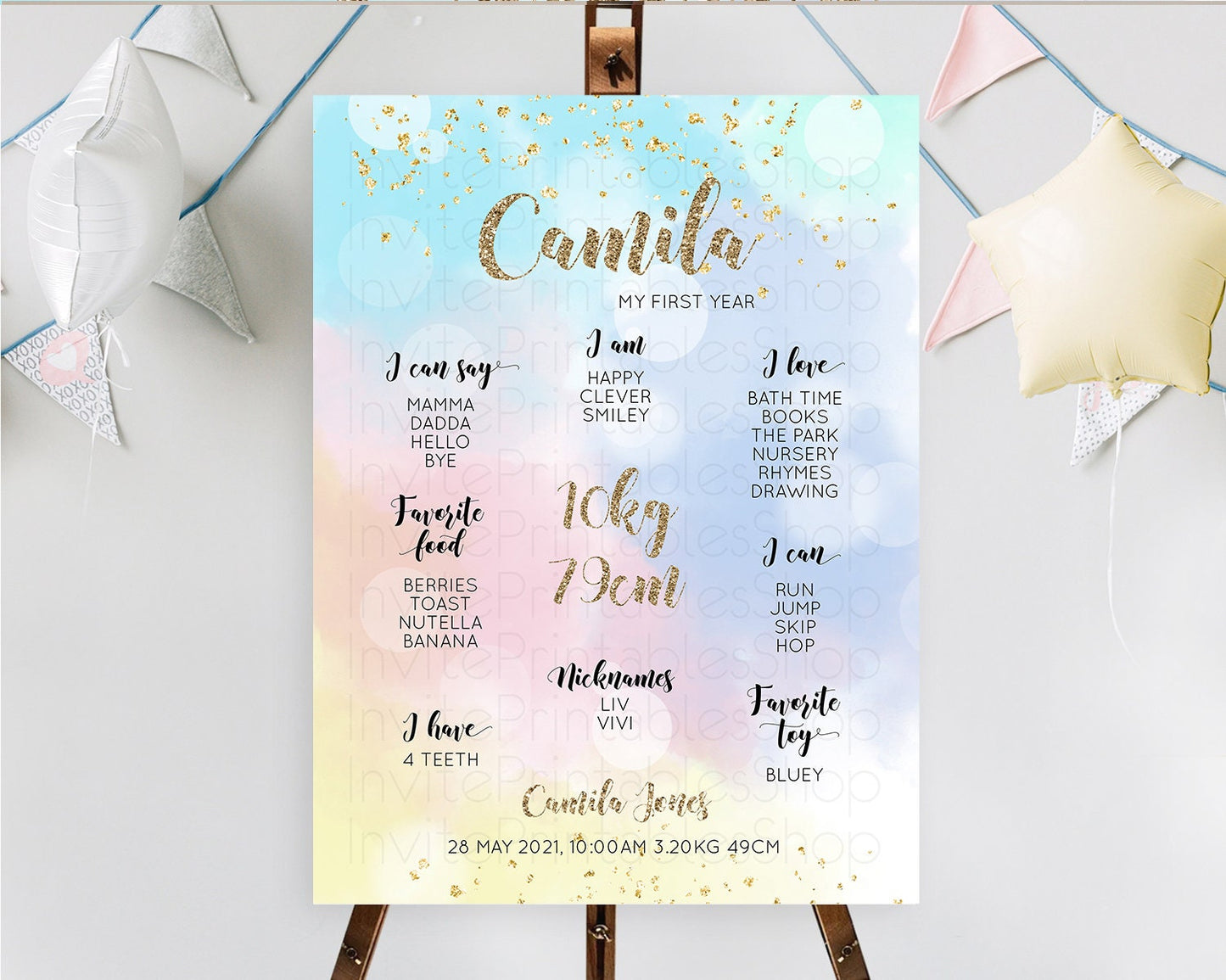 Pastel First Birthday Milestone Board Pastel Rainbow Milestone Poster Colorful Confetti Watercolor Glitter 1st Birthday Welcome Sign D10367