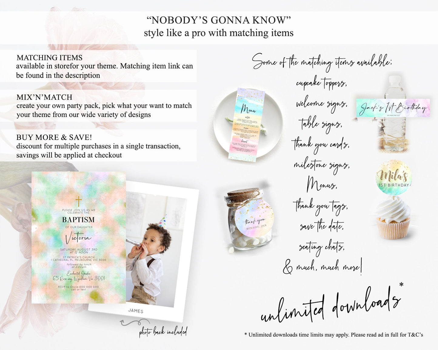 Pastel Baptism Invitation Pastel Colors Watercolor Baptism 1st Birthday Party Gold Ombre Pastel Rainbow Christening Holy Communion D10693