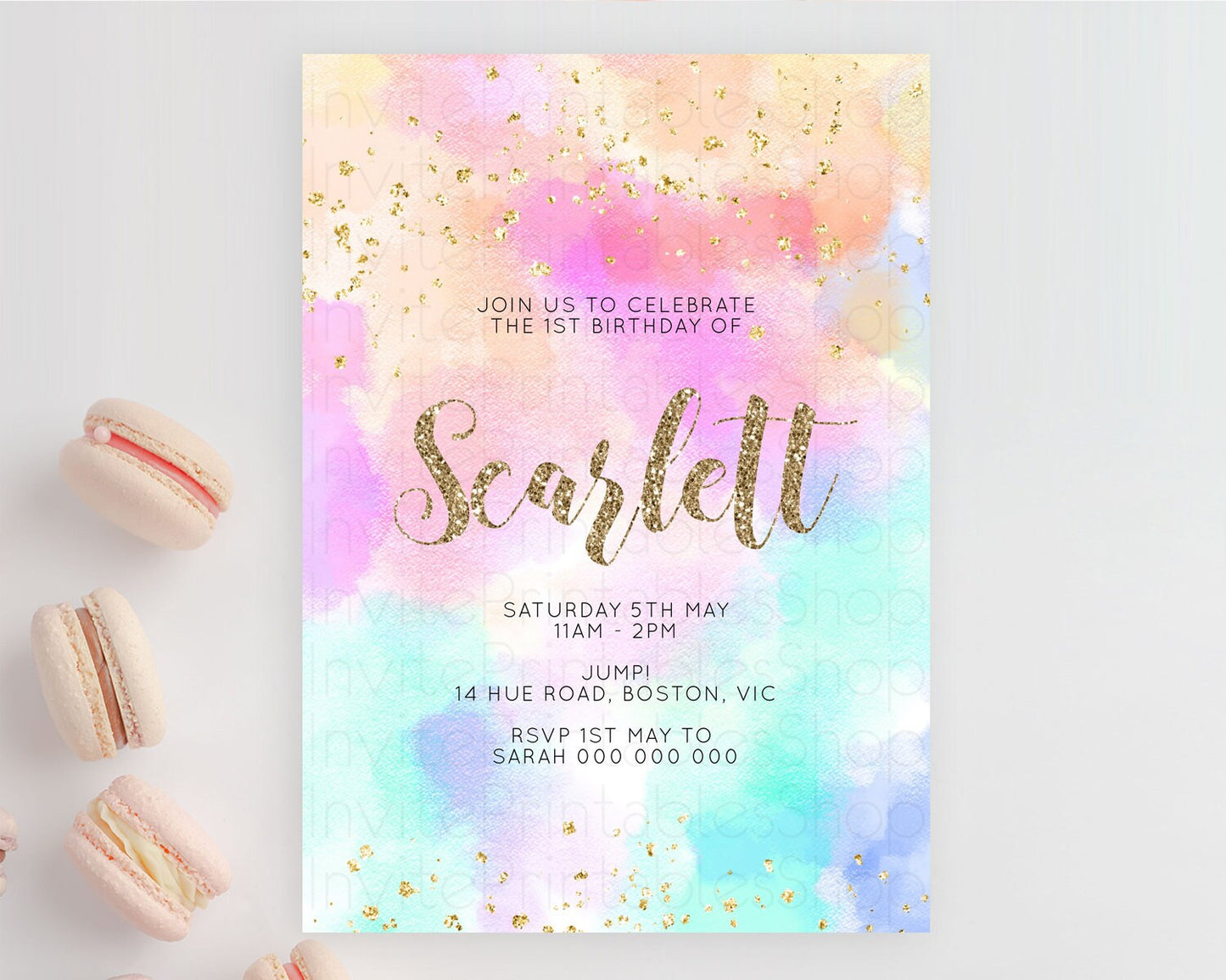 Rainbow Birthday Invitation Colorful Pastel Watercolor Invitation Gold Glitter Sprinkles Ombre Pastel 1st 2nd 3rd Birthday D10669