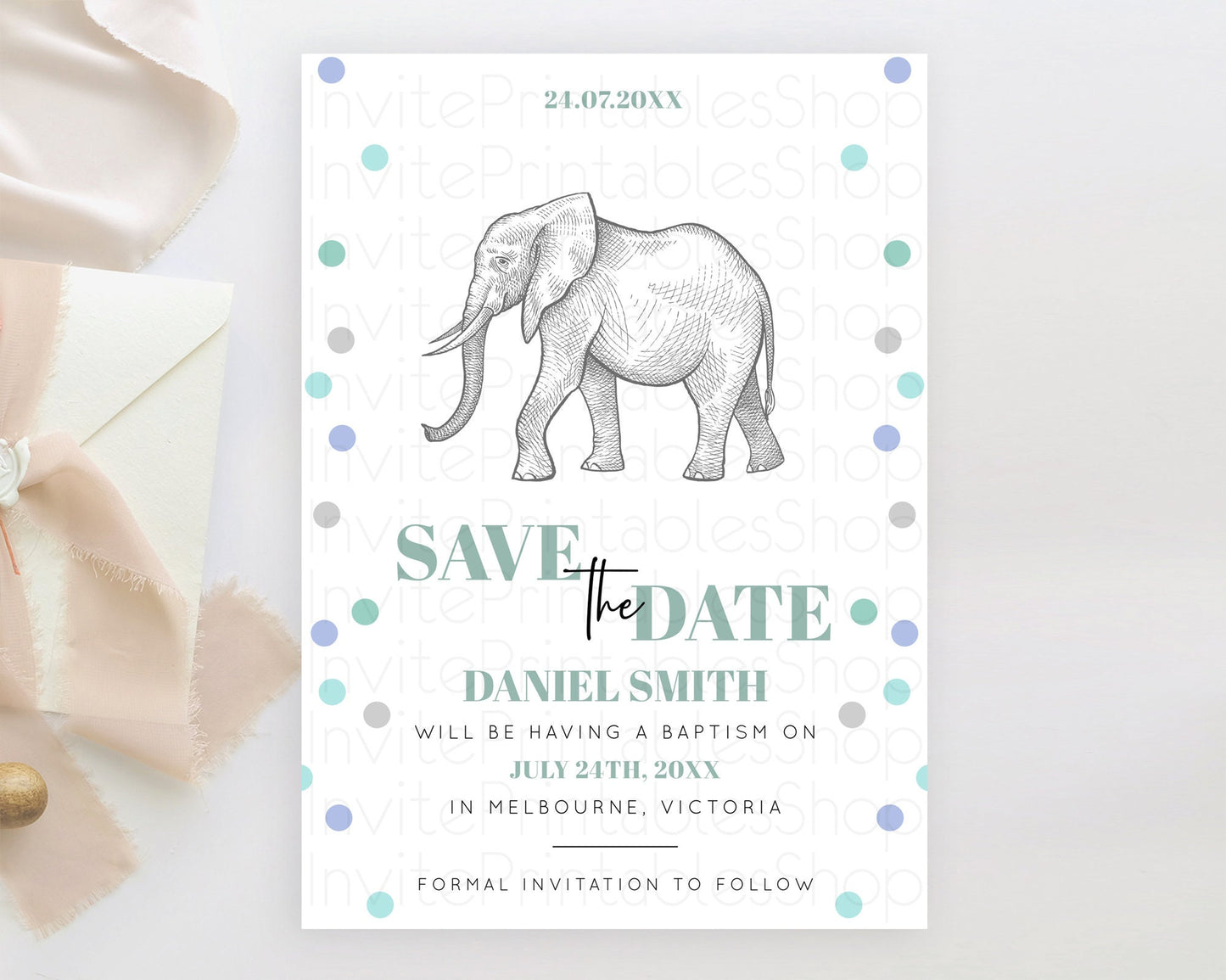 Elephant Save The Date Template Elephant Safari Adventure Party Dried Palm Fern Zoo 1st Birthday Baptism Baby Shower Bridal Shower D10859