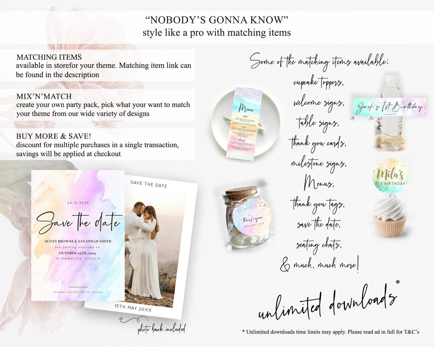 Pastel Save The Date Template Pastel Ombre Rainbow Watercolor Colorful Party For Birthday Baptism Baby Shower Wedding Bridal Shower D10177