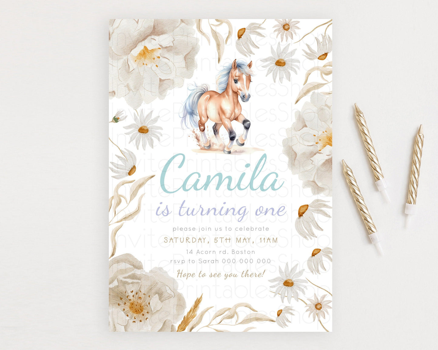 Horse Birthday Invitation, Galloping Wildflower Fields, Pastel Flowers, Butterflies, Flowers Accents for Equestrian & Cowgirls d23378