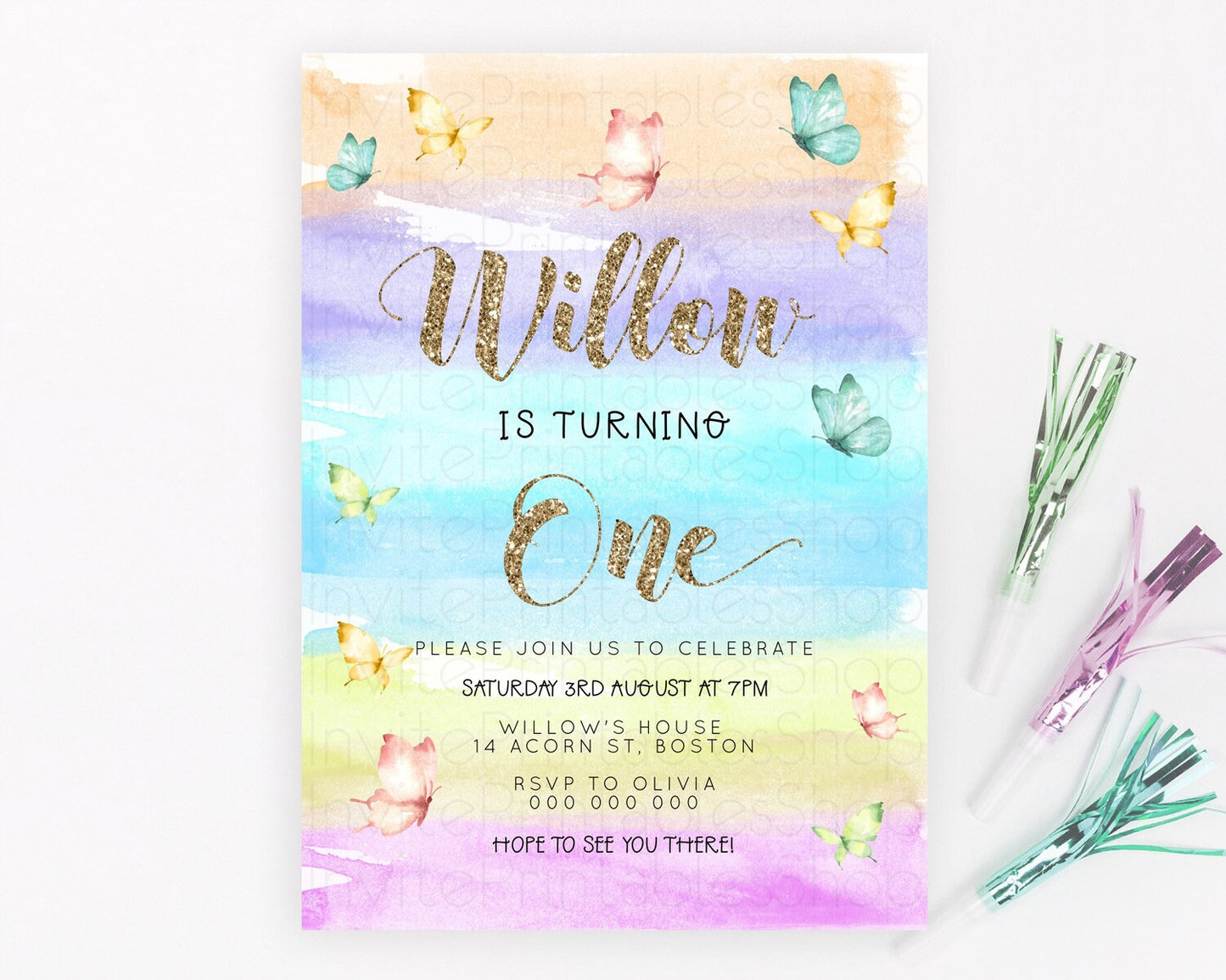 Pastel Butterfly Birthday Invitation Butterfly Birthday Invitation Colorful Splash Glitter Butterfly Garden 1st 2nd Birthday D23224