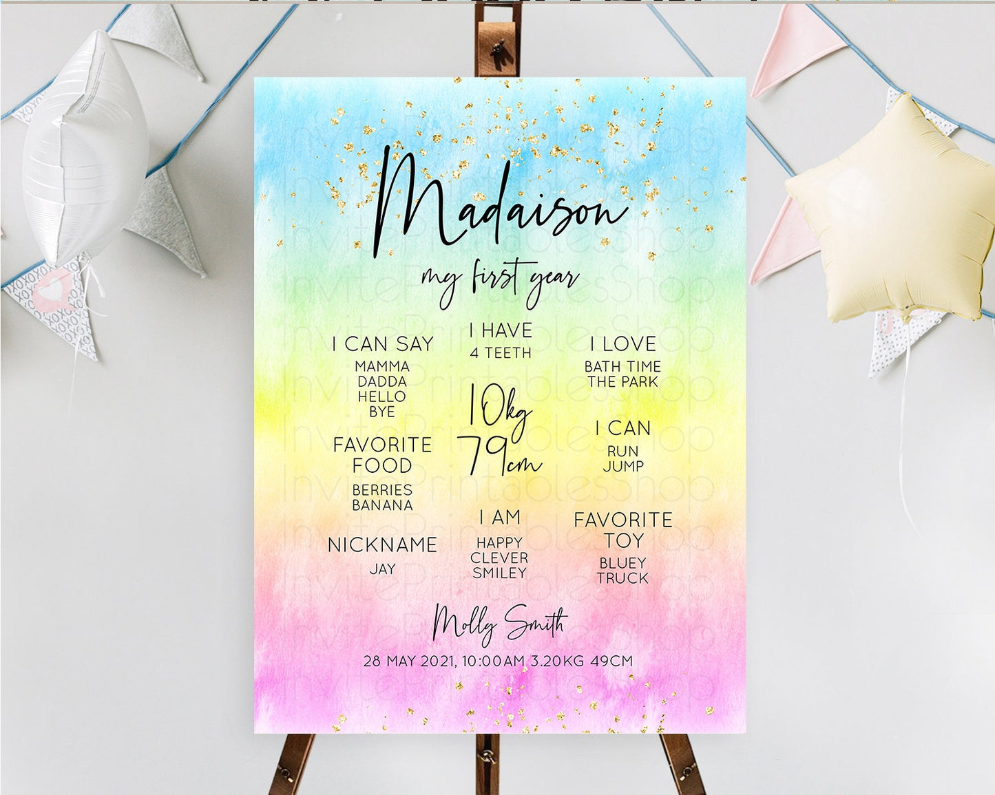 Pastel First Birthday Milestone Board Pastel Rainbow Milestone Poster Colorful Confetti Watercolor Glitter 1st Birthday Welcome Sign D10480