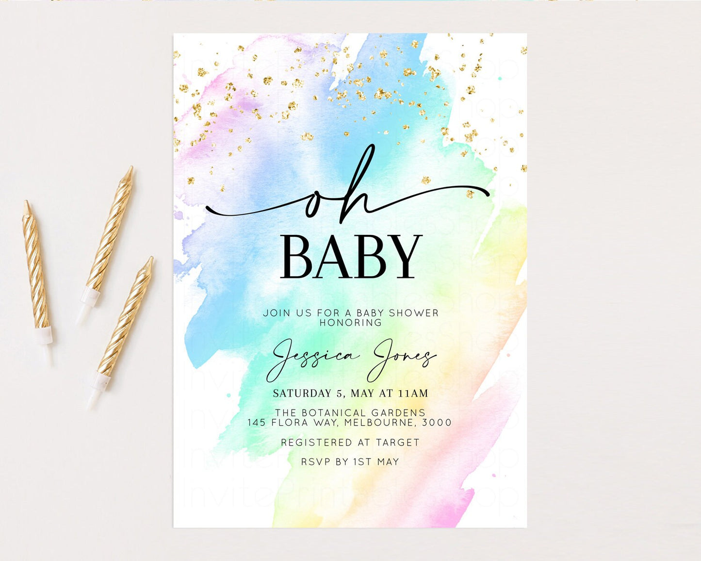 Rainbow Baby Shower Invitation Pastel Baby Shower Invitation Watercolor Ombre Invitation Rainbow Pastel Colors Invite Glitter Confetti t601