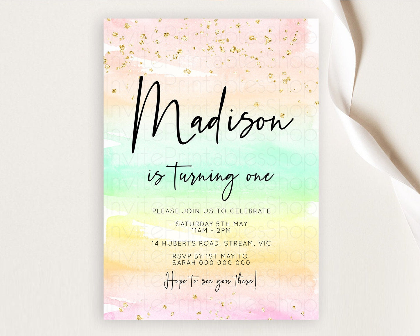 Rainbow Birthday Invitation Colorful Pastel Watercolor Invitation Gold Glitter Sprinkles Ombre Pastel 1st 2nd 3rd Birthday D10591