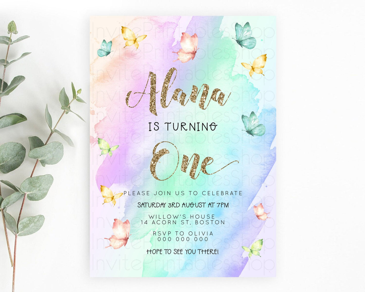 Pastel Butterfly Birthday Invitation Butterfly Birthday Invitation Colorful Splash Glitter Butterfly Garden 1st 2nd Birthday D23237