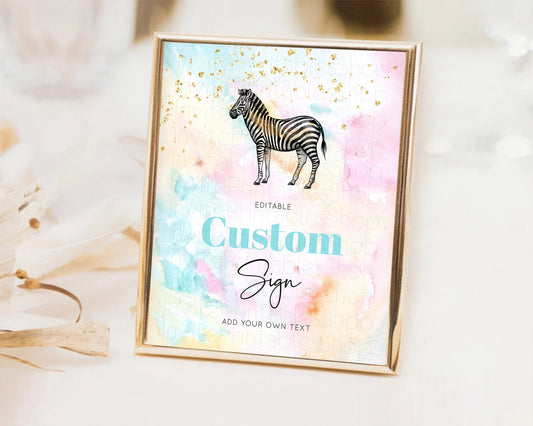 Editable Pastel Zebra Sign Rainbow Watercolor Zebra Party Sign Template Colo