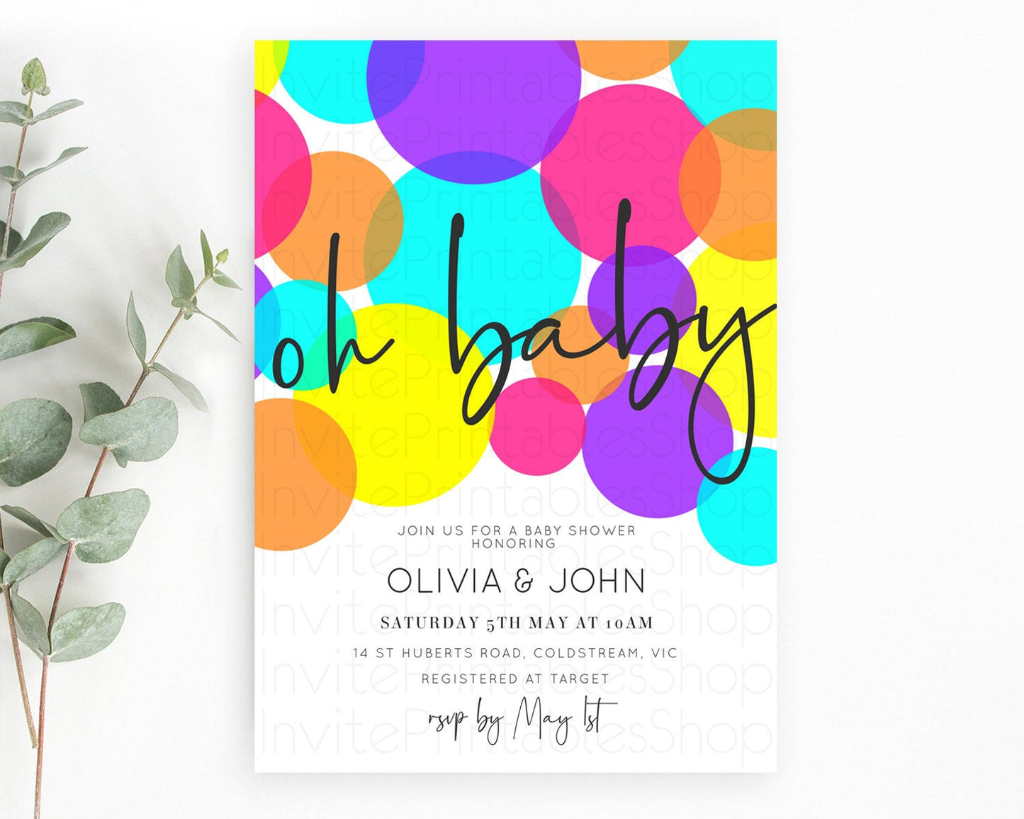 Pastel Rainbow Baby Shower Invitation, Colorful Confetti, Sprinkles, Bubbles, POP Invitation Vibrant Purple, Blue, Yellow, Pink Theme D11022