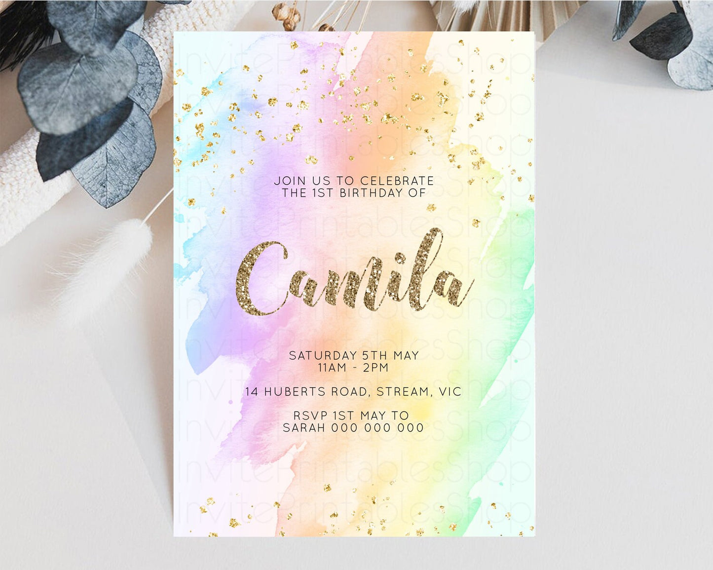 Rainbow Birthday Invitation Glitter Pastel Invitation Colorful Watercolor Gold Foil Splatter Sprinkle Ombre 1st 2nd 3rd Birthday Invite g602