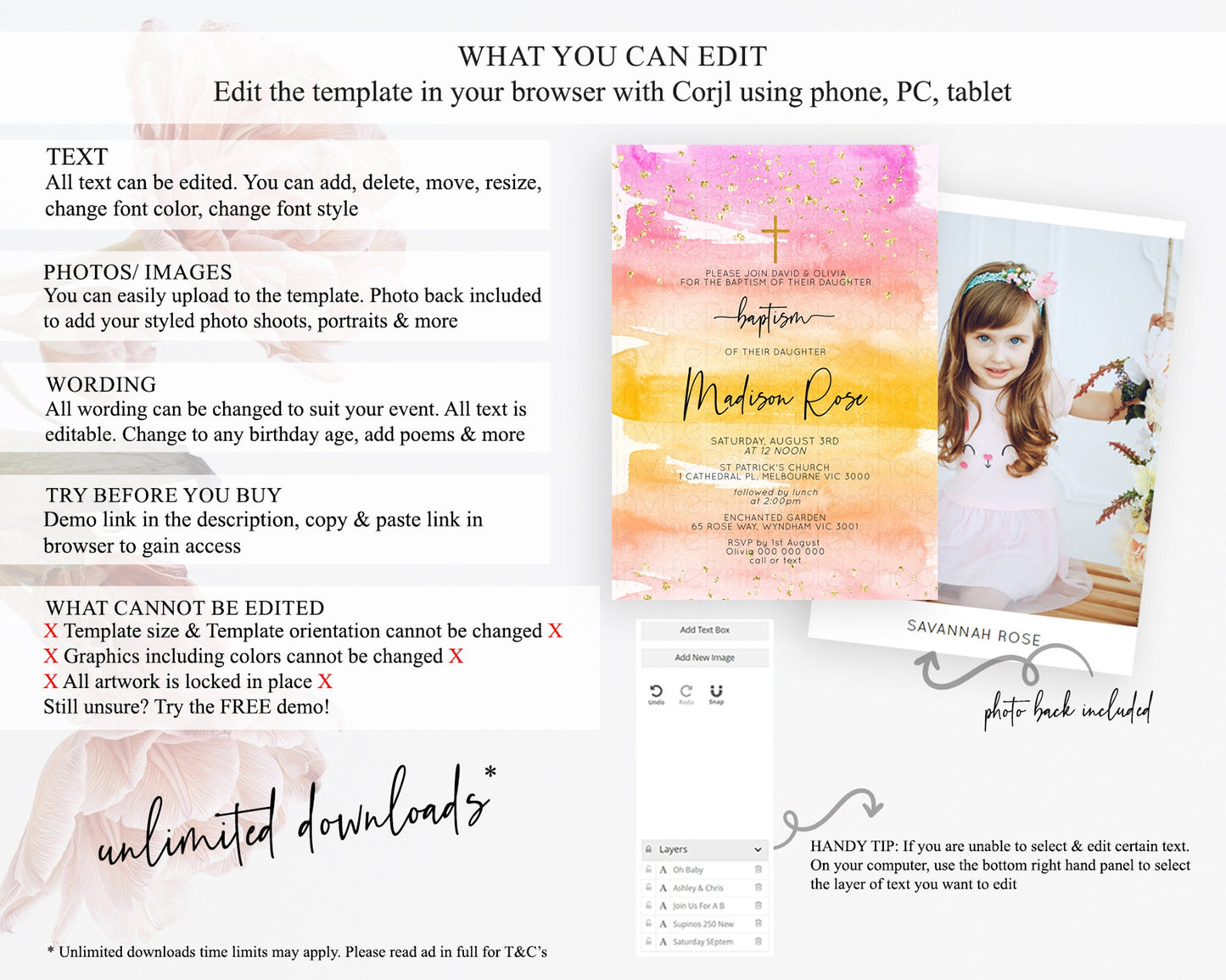 Pastel Baptism Invitation Pastel Colors Watercolor Baptism 1st Birthday Party Gold Ombre Pastel Rainbow Christening Holy Communion D10520