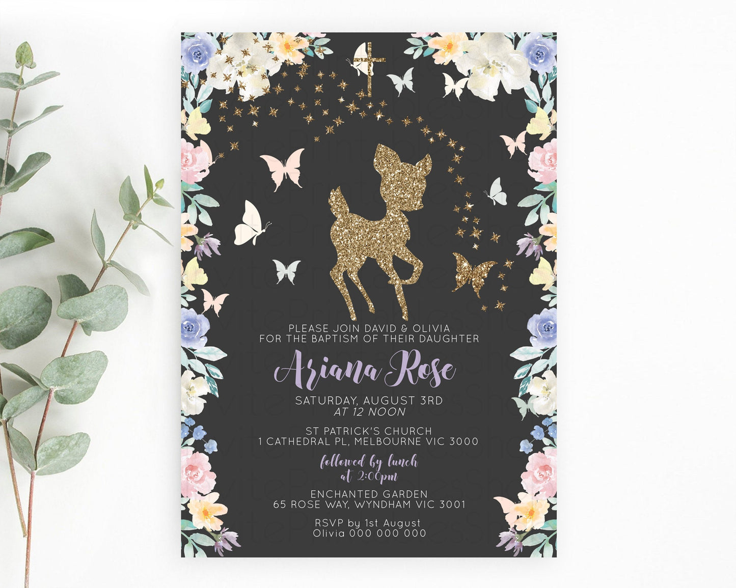 Fawn Baptism Invitation Deer Baptism 1st Birthday Invitation Enchanted Forest Christening Invitation Pastel Garden Butterfly Floral D10880