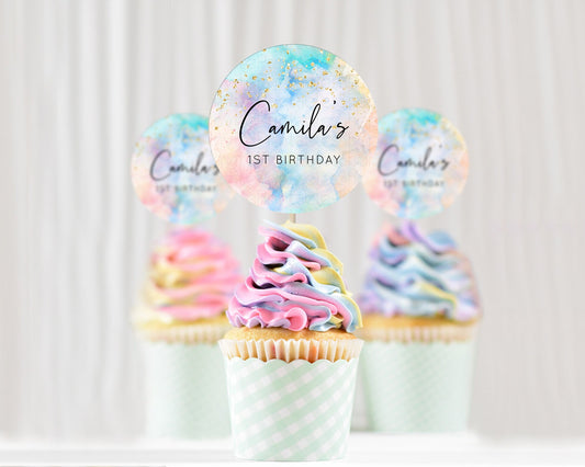 Editable Rainbow Cupcake Toppers Pastel Cupcake Toppers Colorful Pastel Wate