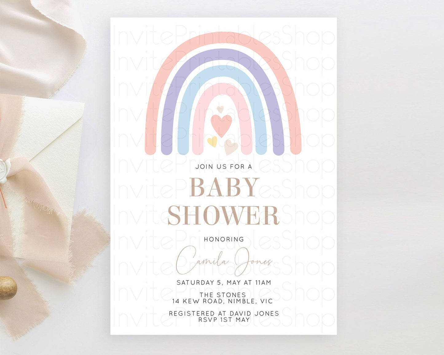 Pastel Rainbow Baby Shower Invitation Boho Rainbow with Cute Hearts - Pastel Colors Pink, Purple, Blue Perfect for Gender Reveal D10788