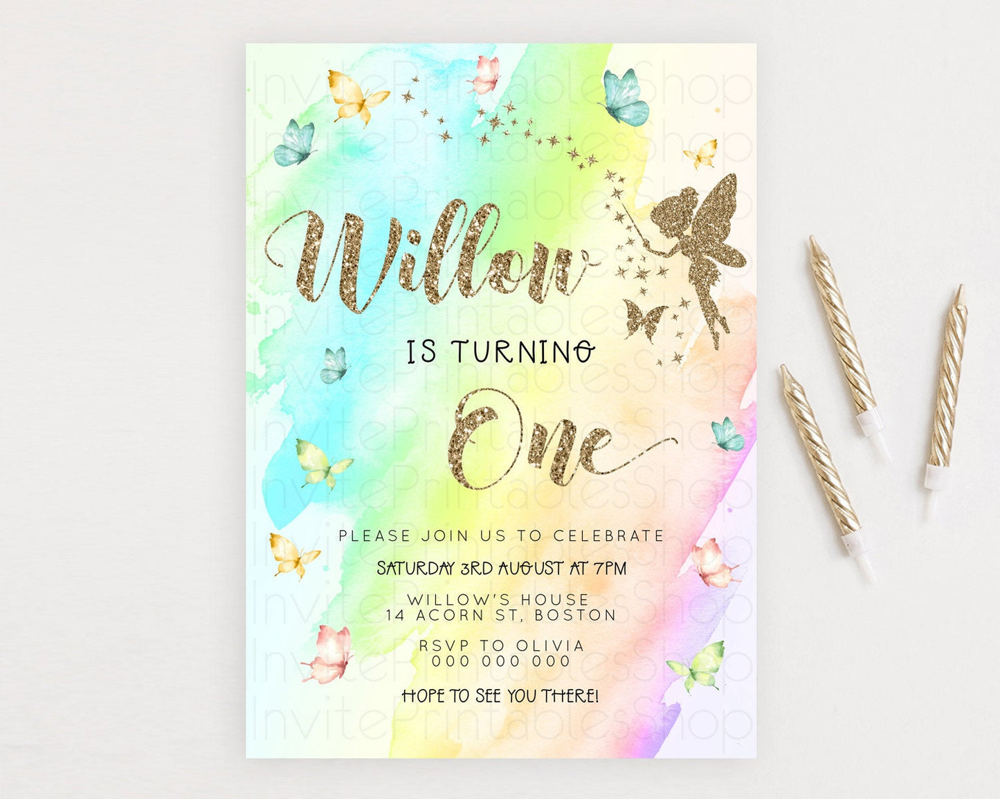 Pastel Fairy Birthday Invitation Pastel Butterflies Fairy Birthday Invitation Rainbow Ombre Watercolor 1st 2nd Birthday Invitation D23329